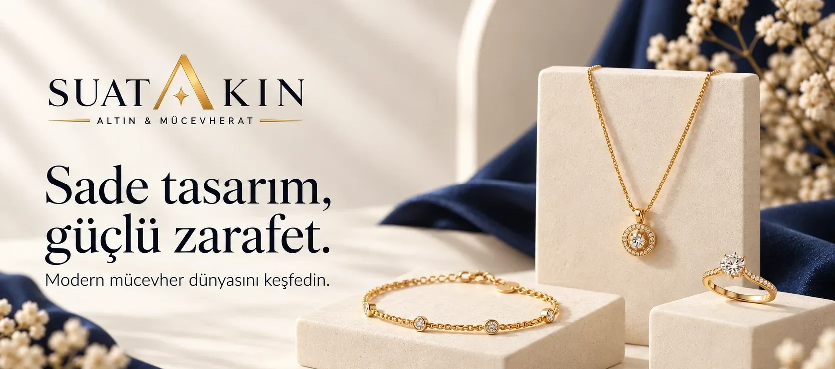 Sade tasarım, güçlü zarafet. Krem renkli kaideler üzerinde altın kolye, zincir bileklik ve yüzük. Yüzükleri inceleyin.